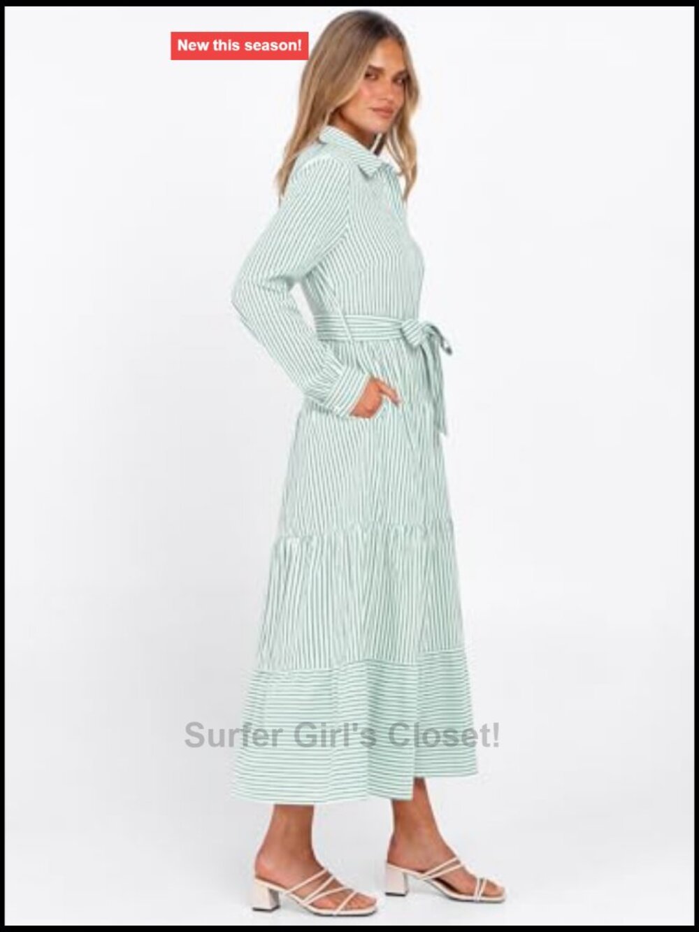 Women's Long Sleeve Striped Flowy Maxi Dress Button Down Ruffle Hem Tie Waist - Picture 4 of 7
